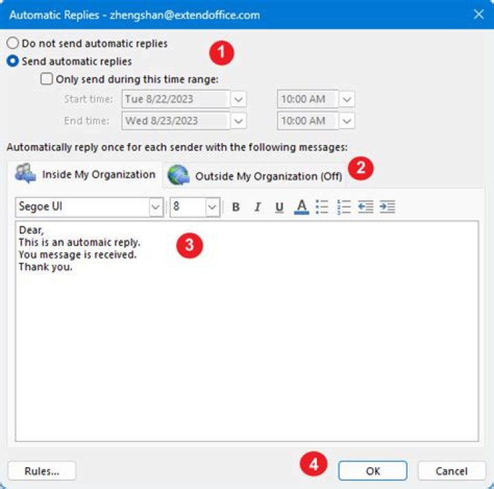 Can you send auto reply in Outlook to specific email address?